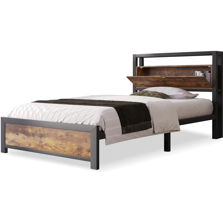 Metallbett mit Stauraum-Kopfteil & Lattenrost, 100x216x95 cm, Natur, ohne Matratze – Bild 9