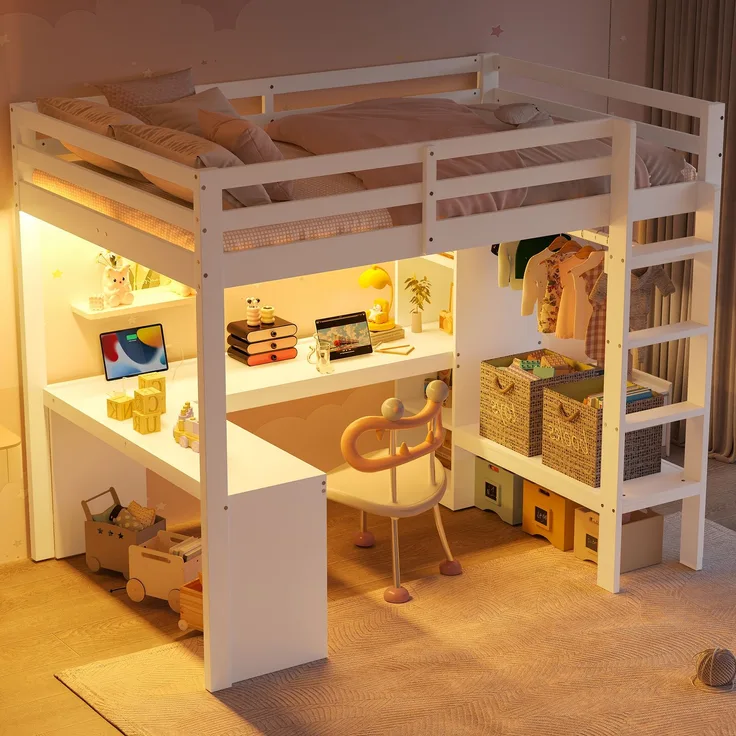 U-life Hochbett 140x200 cm mit Schreibtisch, Multifunktionsregalen, offenem Kleiderschrank, LED-Beleuchtung und USB-Ladestation, Weiß