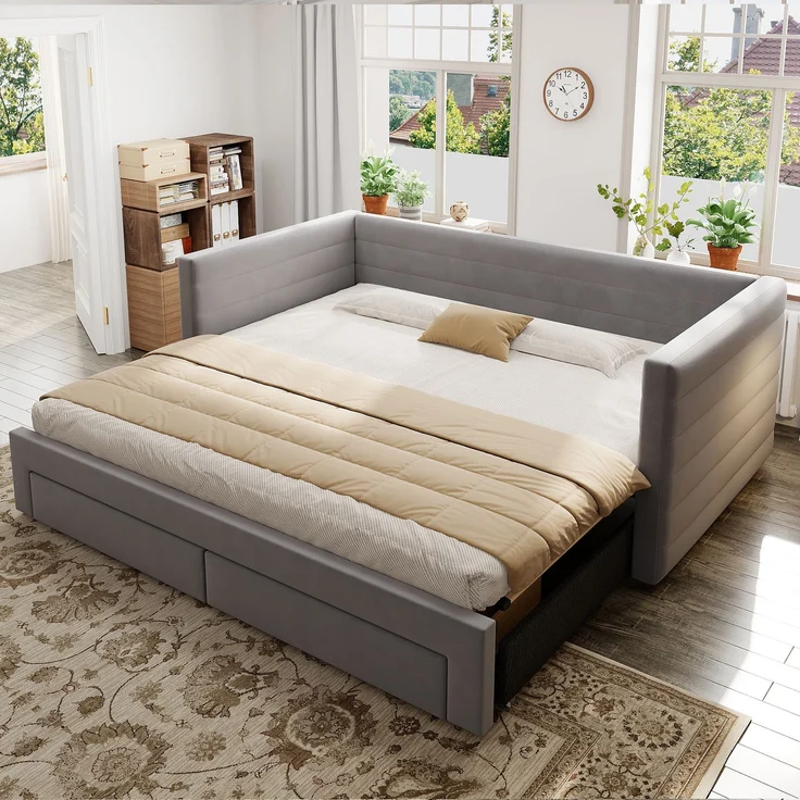Merax Einzelbett Polsterbett 90 x 190cm/180 x 190cm Schlafsofa mit Ausziehbett, Tagesbett Daybett mit 2 Schubladen, Sofabett mit Lattenrost, Veloursstoff, grau – Bild 2