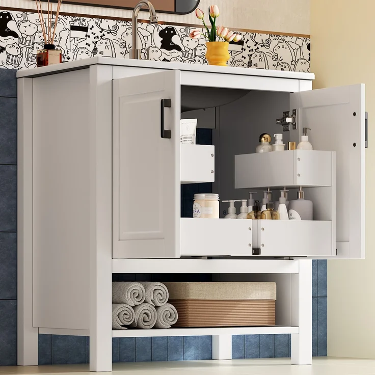 76,5 x 47 x 83 cm, freistehender Waschtisch, komplett lackiert, Doppeltürschrank, Stauraum in verschiedenen Größen, integriertes Keramikwaschbecken, offene Regale, weiß. – Bild 6