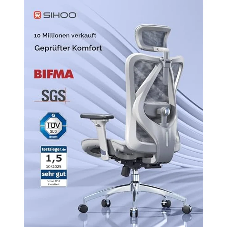 SIHOO M57 Ergonomischer Bürostuhl mit 3-Wege-Armlehnen, Lendenwirbelstütze und Verstellbarer Kopfstütze Hohe Rückenlehne Neigungsfunktion – Bild 5