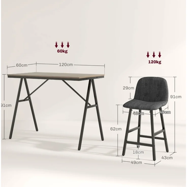 Bartisch-Set mit 4 gepolsterten Hockern, 120x60x91 cm, Dunkelgrau – Bild 5