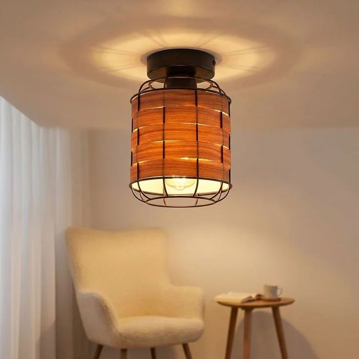 Deckenleuchte, Käfig-Design, Holzoptik, schwarz matt, braun – Bild 3