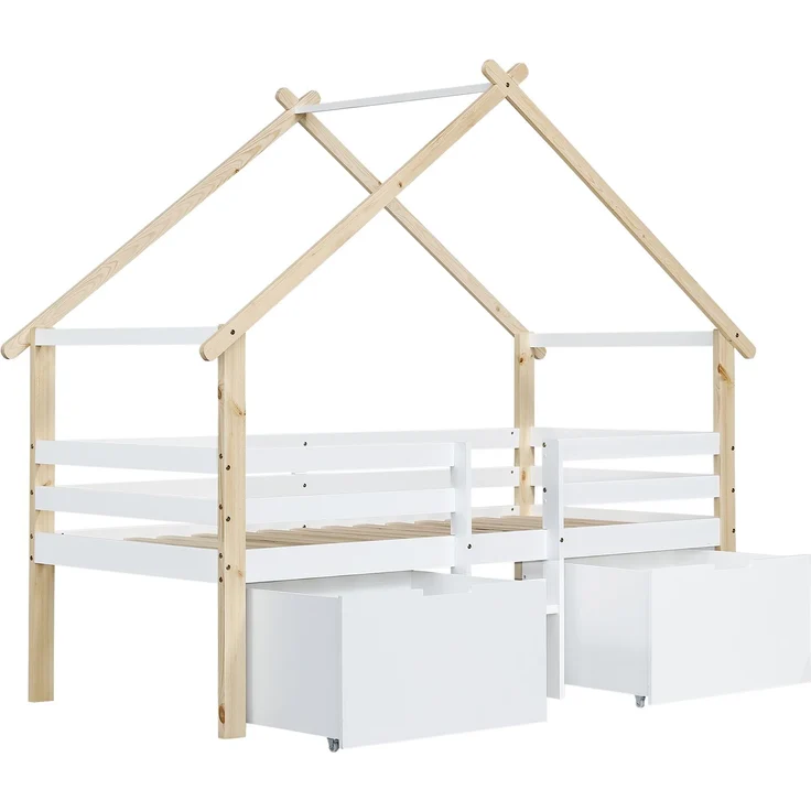 Kinder Hausbett 90x200 halbhoch mit Dach & 2 Schränken - Weiß+Natur, mit Treppe,Sicherheitszaun, Stauraum,Spielbett – Bild 7