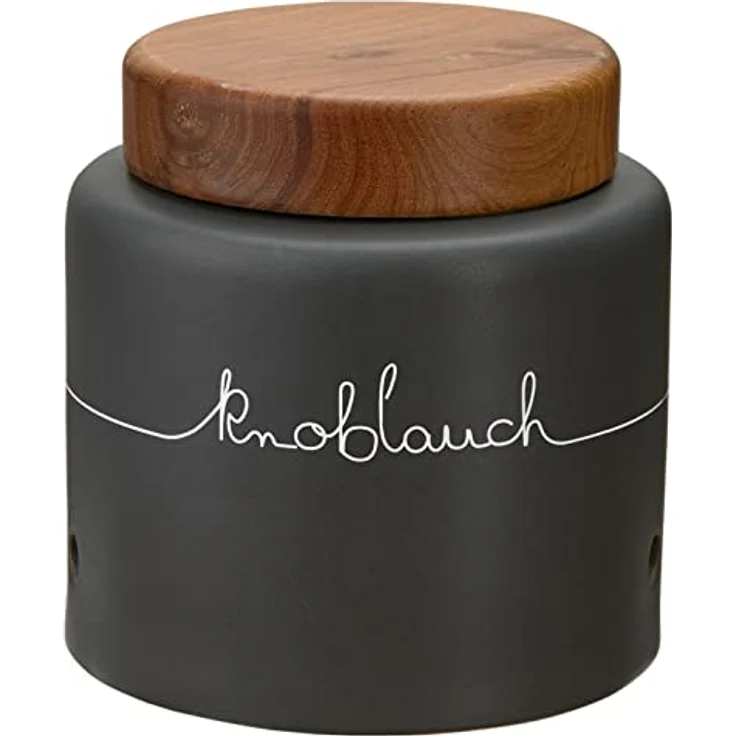 KHG Knoblauch Aufbewahrung Keramik Steingut poliert, Anthrazit Grau Holz-Deckel Bambus, Knoblauchdose Kapazität 250 g oder 1,5 Liter, rund & mit Beschriftung, Knoblauch Behälter Höhe 13,5 cm & 13,5 cm – Bild 2