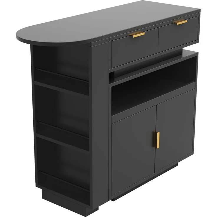 Merax Ausziehbarer Bartisch (115-183 × 40 × 99 cm), ausziehbare Kücheninsel, Bartisch mit Stauraum, LED‑Beleuchtung, 360° Drehfunktion, mobile Kaffeebar, geeignet für Küche und Esszimmer, Schwarz – Bild 8