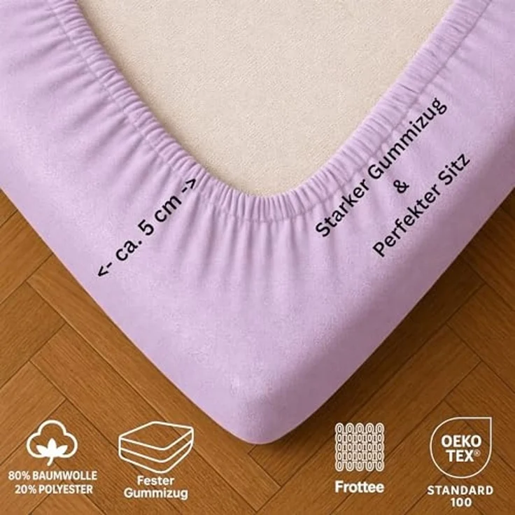 EXKLUSIV HEIMTEXTIL Frottee Spannbettlaken 200 x 220 cm Flieder 80% Baumwolle 20% Polyester Öko - Tex Zertifiziert Bed-Sheet Bettlaken Spannbetttuch Topper Leinentuch – Bild 4