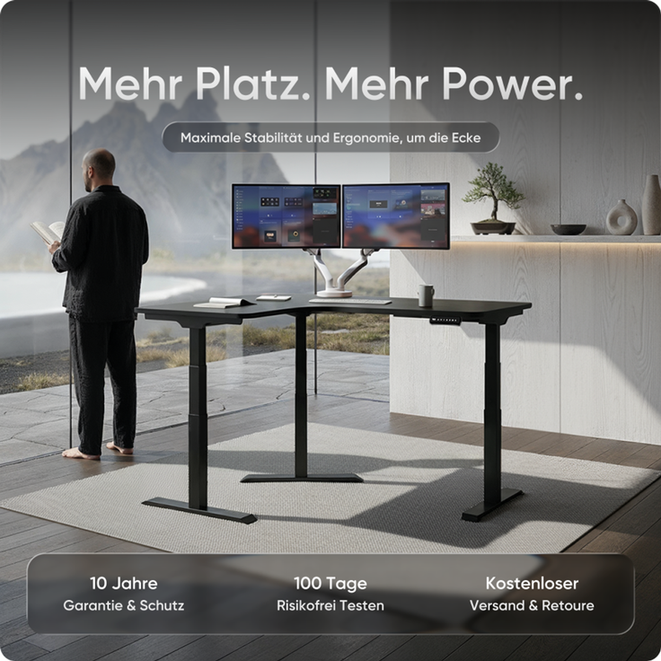 DESKSPACE CORNER Schreibtisch, Elektrisch höhenverstellbar, 160 x 130 x 70 cm, Schwarzes Tischplatte, Schwarzes Gestell – Bild 2