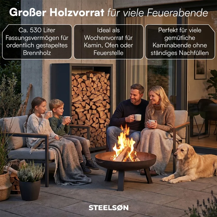 STEELSØN 'Keid' Kaminholzregal 140x90x42,5 cm, Brennholz Regal für innen/außen, rostfrei & wetterfest, stabil aus Metall, anthrazit – Bild 2