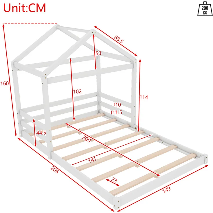 Hausbett 140x200 cm für Kinder, Kinderbett in Hausform mit Lattenrost,modernes Montessori Bett,stabiles Holzhausbett, Weiß – Bild 6