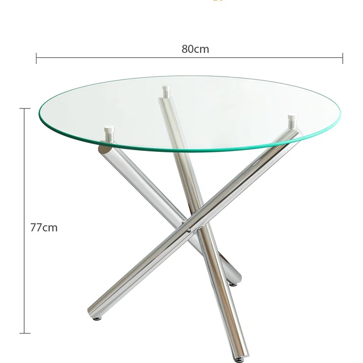 Runder Esstisch 80x80x76 cm aus Glas und Metall, silberfarben, mit stabilem Kreuzfuß – Bild 5