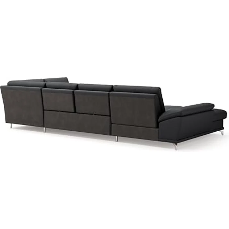 Cavadore Wohnlandschaft Castiel mit Federkern / Sofalandschaft mit XL-Longchair, Sitztiefenverstellung, Kopfstützen und satinierten Metallfüßen / 363x89-104x223 / Echtleder, Schwarz – Bild 6
