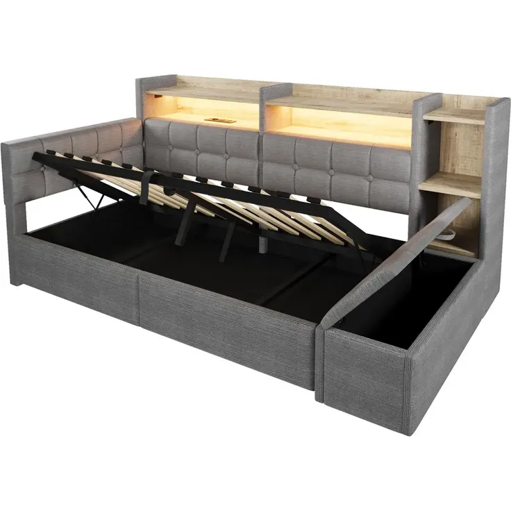 Stauraumbett mit LED-Beleuchtung, Bettkasten, Lattenrost, Regal und USB/Type-C Anschlüssen, 90x200 cm, Schlafsofa, Einzelbett, Jugendbett, Samt – Bild 8