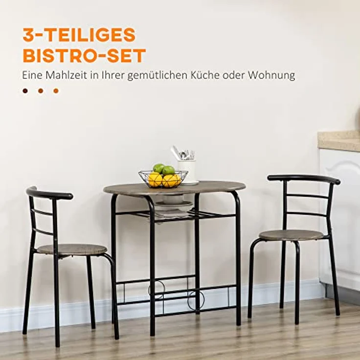 HOMCOM Essgruppe, 3-teiliges Set mit ovalem Tisch und 2 Stühlen, Schwarz, platzsparend mit Ablagefach, für Esszimmer und Küche – Bild 3