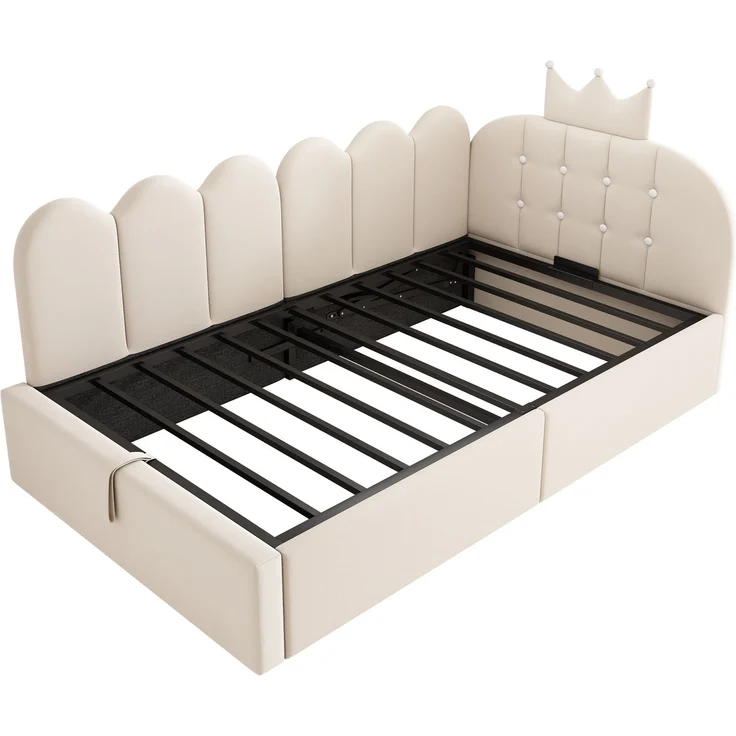 Merax Einzelbett, 90x200 cm Polsterbett, Daybett, Tagesbett-Schlafsofa mit Stauraum (hydraulisch), Gästebett L-Form Samt, Beige – Bild 8
