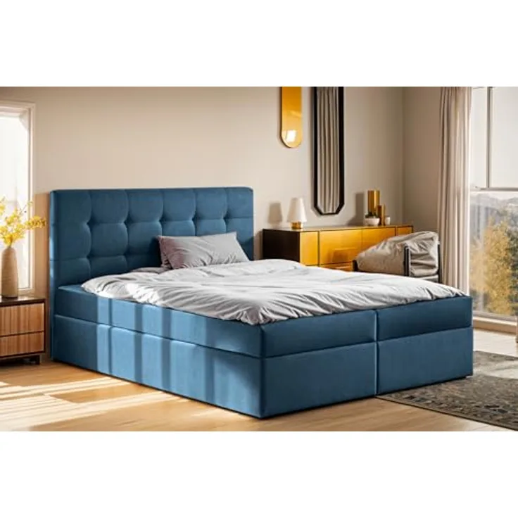 Kaiser Möbel Boxspringbett Ludano, H2-Pocket Matratze mit Bettkästen, Veloursstoff Noel Blau, 140x200 cm