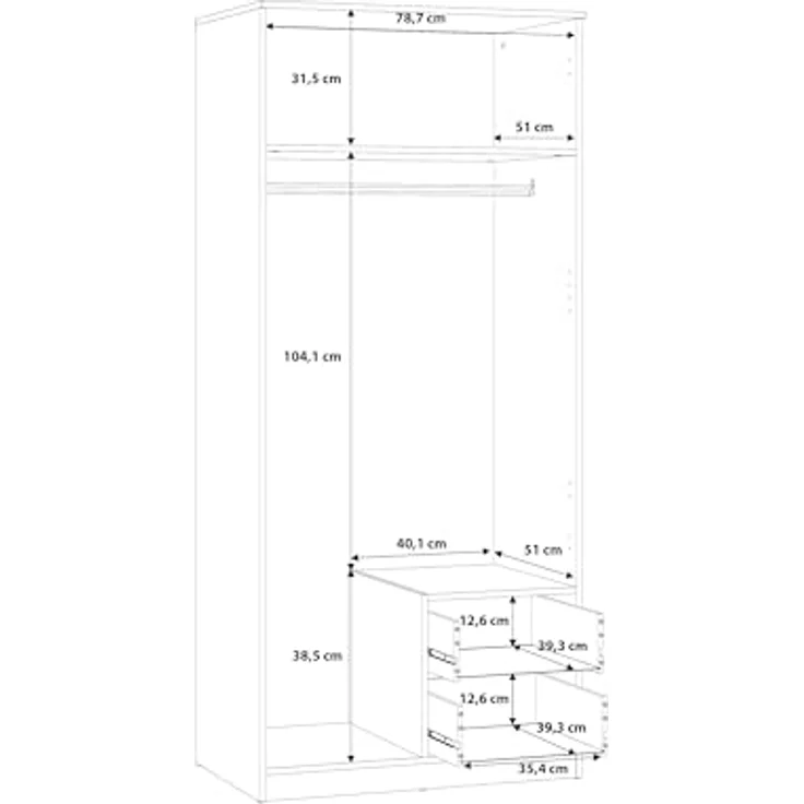 FORTE Niko Kleiderschrank mit 2 Türen und 2 Schubladen, Holzwerkstoff, Sonoma Eiche , 82 x 185 x 52,7 cm – Bild 6