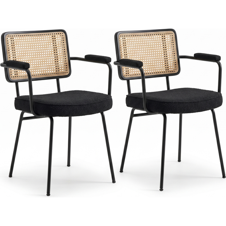 LVHOM 2er Set Armlehnenstuhl aus Chenille & Massivholz, Esszimmerstuhl mit Rattan-Optik, Polsterstuhl mit Metallbeinen, Schwarz