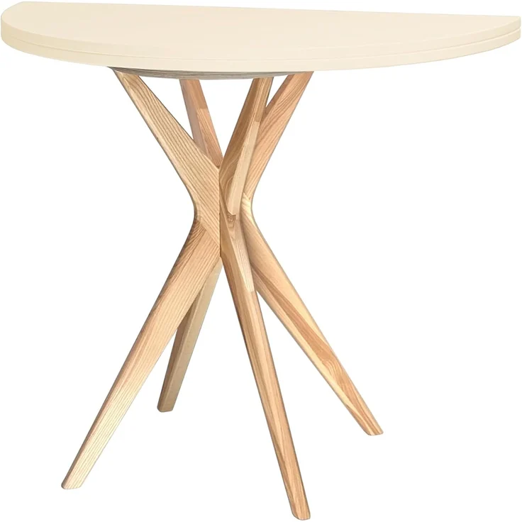 Ragaba kleiner halbrunder Esstisch, MDF & Massives Eschenholz, 100x50 cm, Perl Weiß – Bild 1