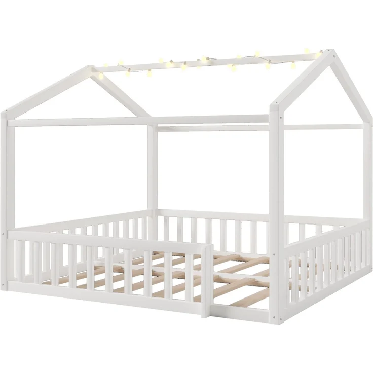 Hausbett mit LED Kugel-Lichterkette, 90x190cm*2/180x190cm, Kinderbett mit Rausfallschutz und Lattenrost, Kiefer – Bild 8