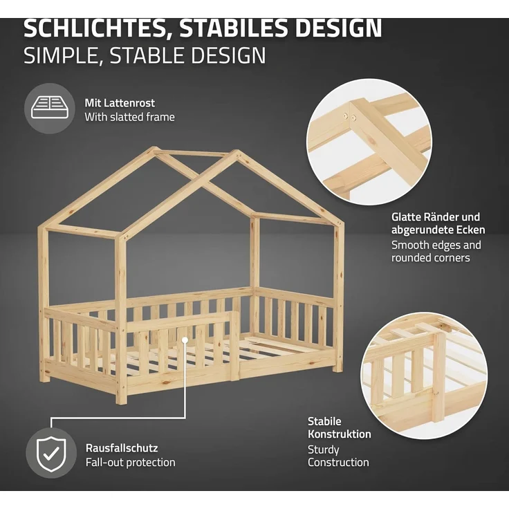 ML-DESIGN Spielbett Hausbett Kinderbett inkl. Lattenrost & Rausfallschutz Kinder Bodenbett, Abenteuerbett 70x140cm Haus Bett Himmelbett Kiefer Jugendbett Natur – Bild 4