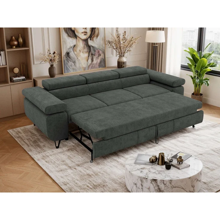 Polstersofa PETER, Sofa 3-Sitzer mit Schlaffunktion, verstellbaren Armlehnen und Kopfstütze, Gepolsterte Couch, Wellenfeder - Dunkelgrau Struktur – Bild 5
