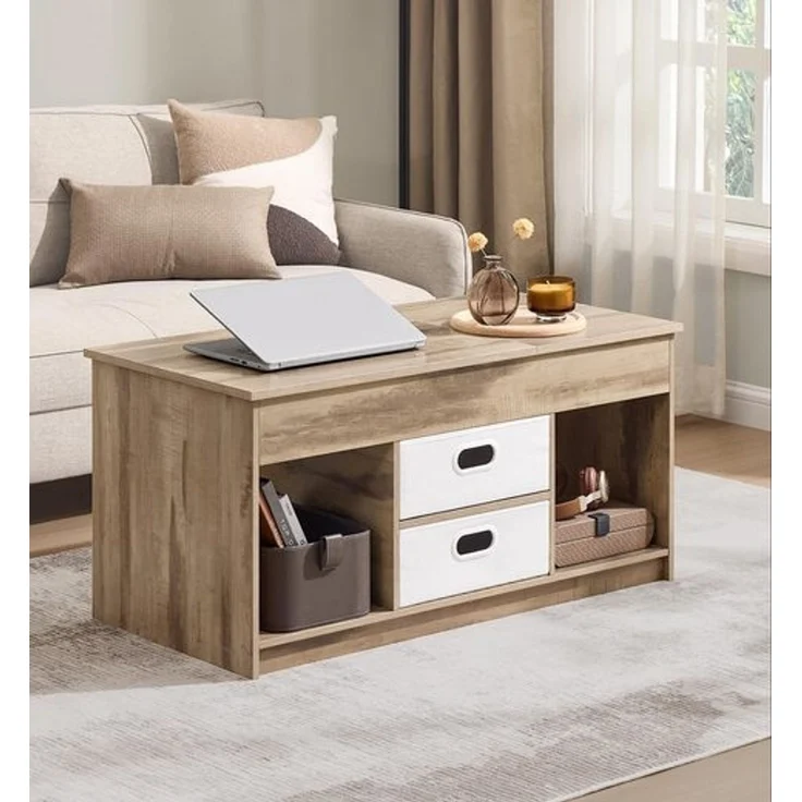 VASAGLE Couchtisch höhenverstellbar, Wohnzimmertisch, 2 Schubladen, versteckte Fächer, Kaffeetisch, offener Stauraum, braun-weiß – Bild 1
