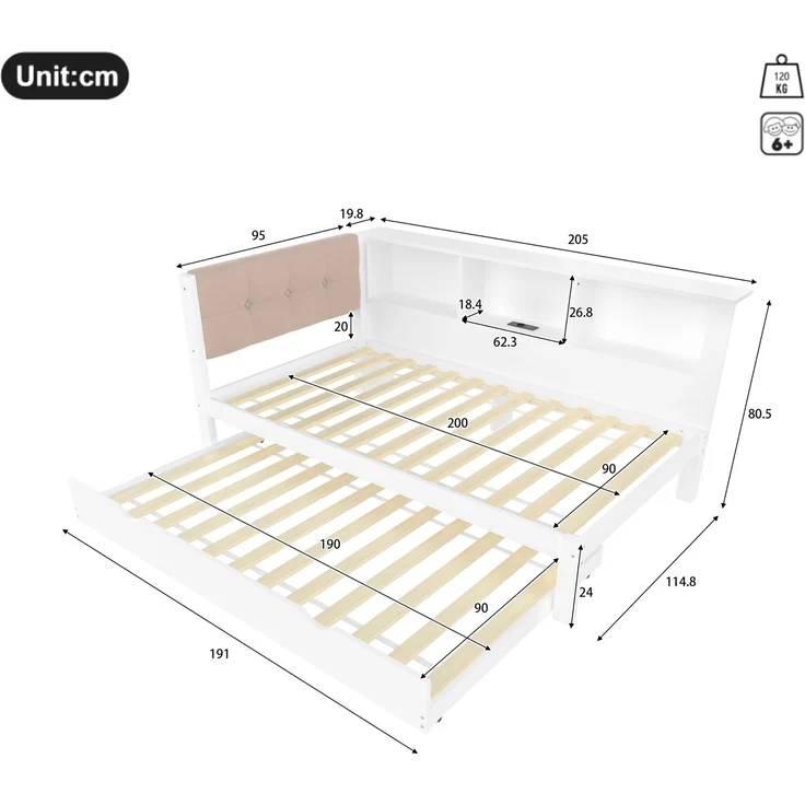 Merax Daybett, Tagesbett, Schlafsofa, 90x200cm, Einzelbett(Ohne Matratze), mit ausziehbarem Bett, mit dimmbarer LED-Leiste, mit praktischem Regal, mit USB-Anschluss, 90x200cm, Kiefernholz, Weiß – Bild 4