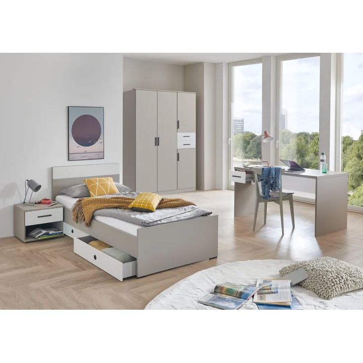 Jugendzimmer Bahamas Grau- Weiß mit Drehtürenschrank und verschiedenen Bettvarianten und Zusammenstellungen wählbar - 6 teilig , Kleiderschrank + Jugendbett + 2 Bettschubkästen + Nachttisch + Schreibtisch
