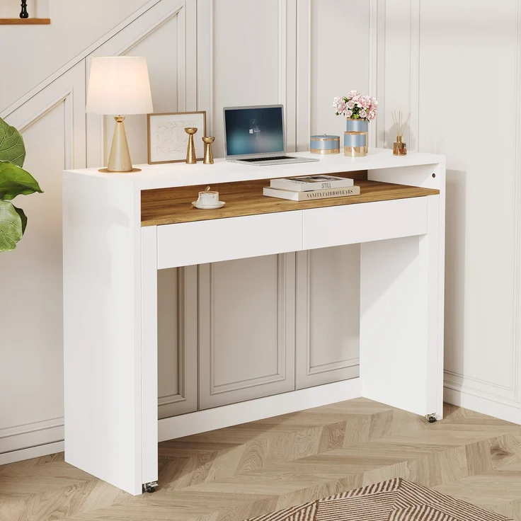Schreibtisch ausziehbar mit 2 Schubladen, Rollenbremse und Schutzkante, Eiche-Optik/Weiß,87x100x40 cm – Bild 1