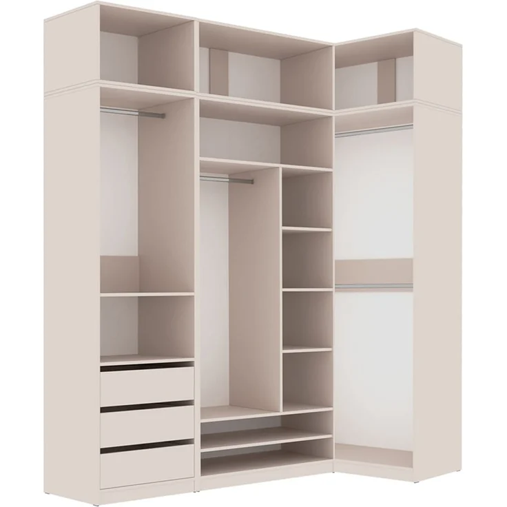 Marmex Möbel Tres Set-P/N Großer, hoher, offener Kleiderschrank mit Aufsatz, Einbauschrank über Eck mit Regalen und Kleiderstangen, laminierte Spanplatte, graubeige cashmere 190/111x246x51 cm – Bild 9