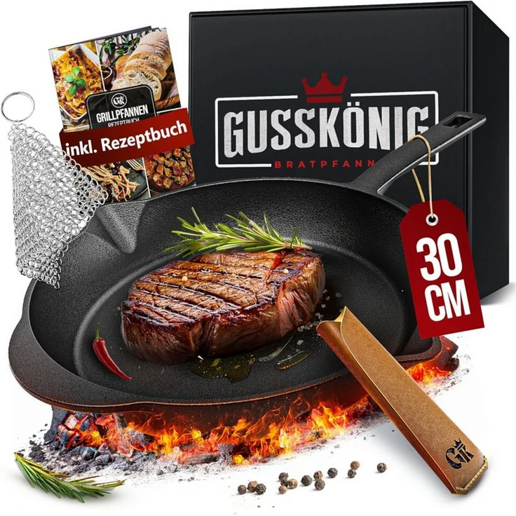 Feuerpfanne 30 cm aus Gusseisen – Bratpfanne mit Stiel Lederüberzug Ringreiniger & Rezeptbuch für Induktion Grill & Herd – Bild 5