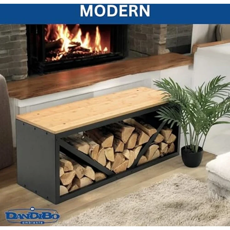 DanDiBo Kaminholzregal Innen mit Sitzbank Bank Metall Schwarz 96602 Brennholzregal Holzaufbewahrung Kaminholzständer Feuerholzregal – Bild 6