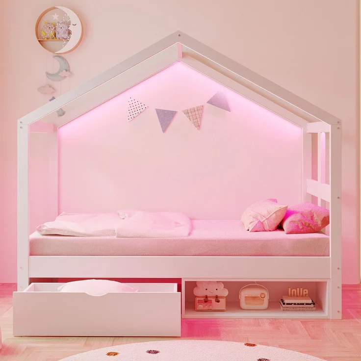 Merax Einzelbett, Jugendbett, Holzbett 90×190 cm, mit Schubladen und kleinem Schuhschrank, mit mehrfarbiger LED-Beleuchtung, Lattenrost, Weiß – Bild 2