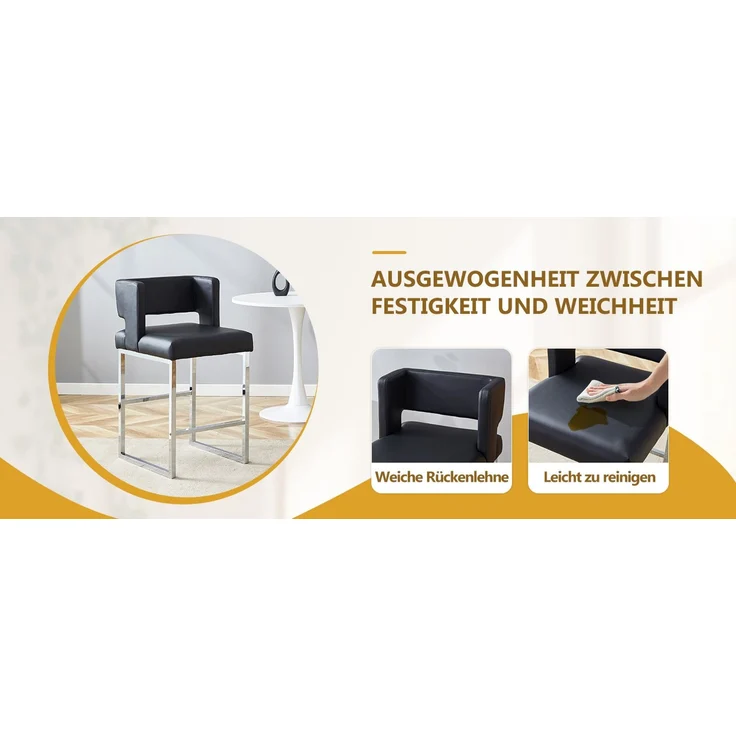 2 Sätze schwarzer Barstuhl im nordischen Stil, quadratisches Design, silberne Metallbeine, leichtes und bequemes Set. Erfüllen Sie Ihre vielfältigen Bedürfnisse an Produkten.--Schwarz+Silber--91.4x53.3x48cm--YOUDENOVA – Bild 5