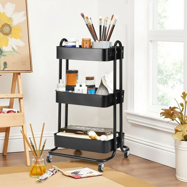 Home Nature Wohnkonzept Küchenrollwagen mit 3 Ebenen Schwarz, platzsparender Rollwagen für Küche, Bad und Haushalt, Schwarz, 80 × 40 × 44 cm – Bild 3