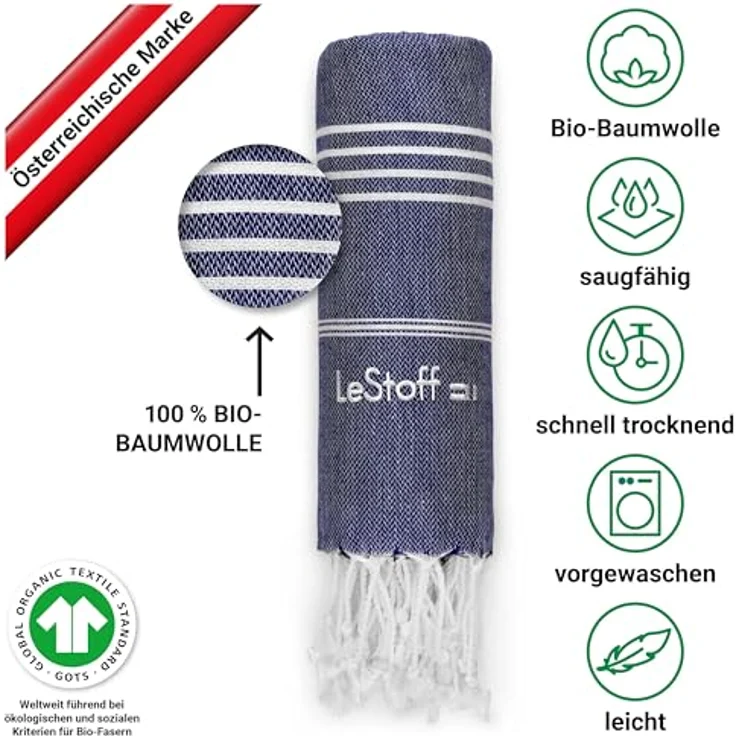LeStoff Hamamtuch - 100% Bio-Baumwolle, 95 x 180 cm, Vorgewaschen, Saugstark, Schnelltrocknend, Badetuch, Badehandtuch groß, Saunatuch Herren, Saunahandtuch Damen, Sauna, Wellness, Spa (Dunkelblau) – Bild 4