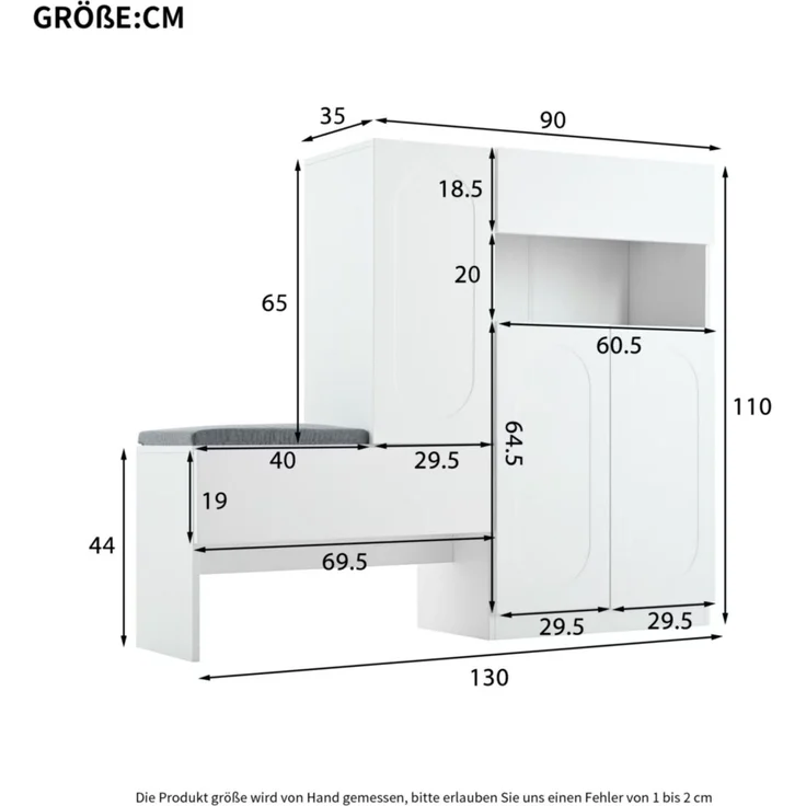 Trendiger 2-in-1 Schuhschrank mit gewölbten Türen – Klapptür mit Soft-Close-Funktion, höhenverstellbaren Fächern und gepolsterter Sitzbank,Weiß,130×35×110cm – Bild 5