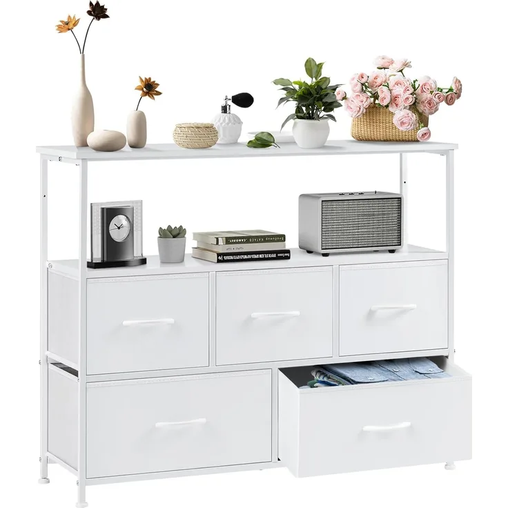 DUMOS Kommode mit Schubladen - kommoden & Sideboards für Schlafzimmer Geeignet, Komodenschrank mit 5 Schubladen, TV-Schrank mit Stabilem Stahlrahmen, Ideal für Schlafzimmer, Wohnzimmer (Weiß)
