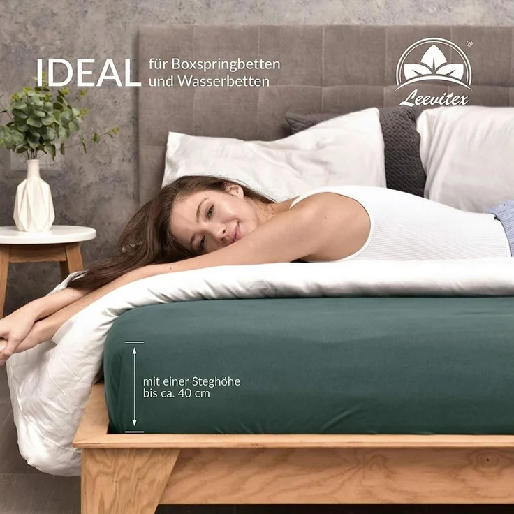 leevitex® Spannbettlaken Premium, verschiedene Größen, Stoffgewicht 195 g/m², 40 cm Steghöhe, Jersey-Elasthan, Gummizug: rundum, (1 Stück), verschiedene Farben, OEKO-TEX® STANDARD 100 zertifiziert – Bild 4