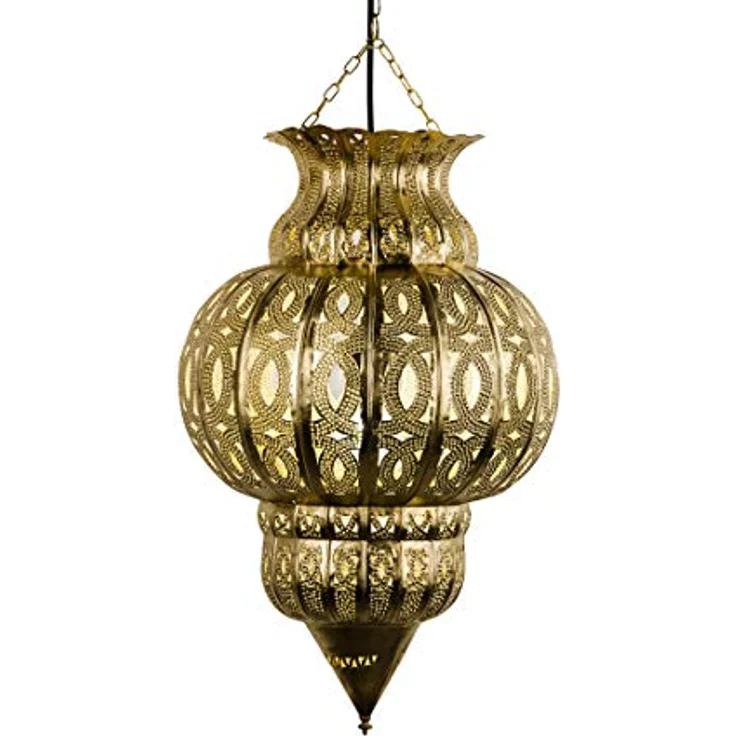 Marrakesch Orient & Mediterran Interior Orientalische Pendelleuchte Isfahan, Gold 50cm, E27 Fassung, Handarbeit aus Marokko, traumhafte Lichtreflexionen und orientalische Schattenspiele – Bild 2