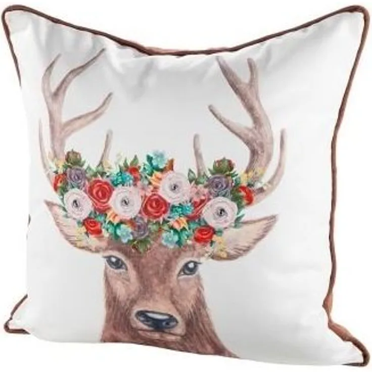 Kissen Hirschkopf mit Blumen braun/creme, Rückseite braun