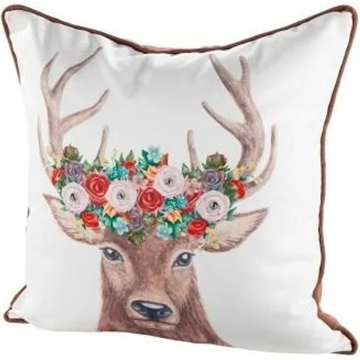 Kissen Hirschkopf mit Blumen braun/creme, Rückseite braun – Bild 1