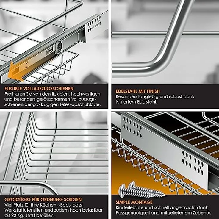 KESSER® Teleskopschublade 30-60cm Schrankbreite verchromt aus Edelstahl Schubladeneinsatz für Küchenschrank Korbauszug Schrankauszug 1x 60cm - Silber – Bild 4