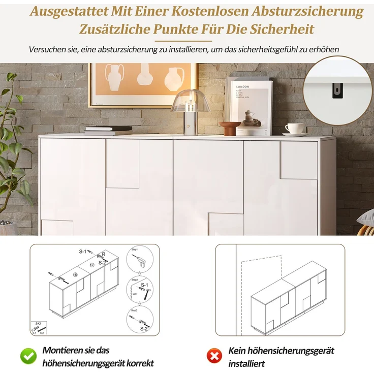 DESVIAE Sideboard mit 4 Türen und Push-to-Open 160x75,5x37 cm Spanplatte Weiß/Schwarz – Bild 6