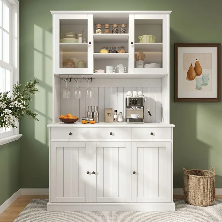 Buffetschränke, Esszimmer-Hochschrank 120×40×191 cm, mit Glastüren, Gläserhalter, mehrstufigem Stauraum, integrierter Steckdose sowie USB-C- und USB-A-Anschlüssen, Weiße und schwarze Griffe