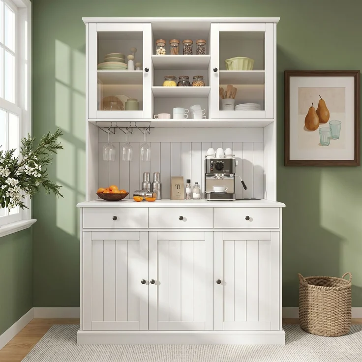 Buffetschränke, Esszimmer-Hochschrank 120×40×191 cm, mit Glastüren, Gläserhalter, mehrstufigem Stauraum, integrierter Steckdose sowie USB-C- und USB-A-Anschlüssen, Weiße und schwarze Griffe – Bild 1