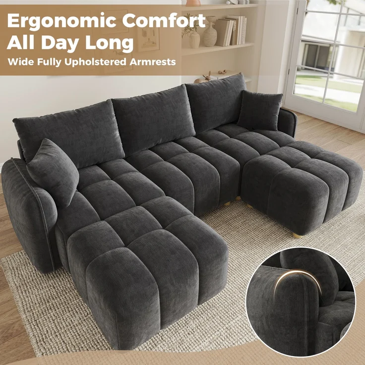 ZUBALIYA L-/U-förmiges wandelbares Ecksofa, 5-Sitzer modulare Sofakombination mit 2 Hockern und Kissen, Chenille-Stoff, Cloud-Sofa, breite Armlehnen, geeignet für Wohnzimmer, Modell N653P7720G – Bild 5