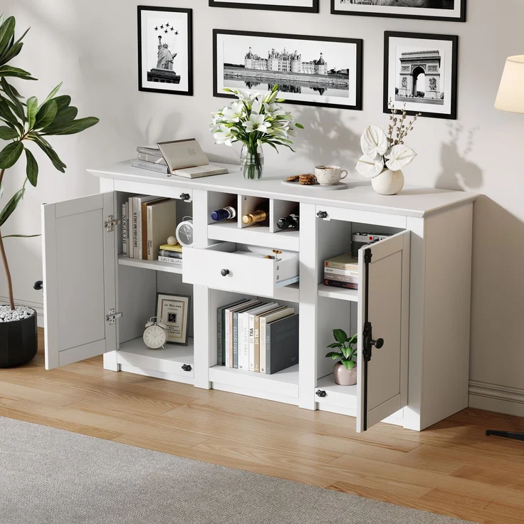 Sideboard 130 cm Weiß mit 2 Türen, 1 Schublade, Weinregal, Kommode für Wohnzimmer, Anrichte mit Stauraum und Präsentationsfläche – Bild 2