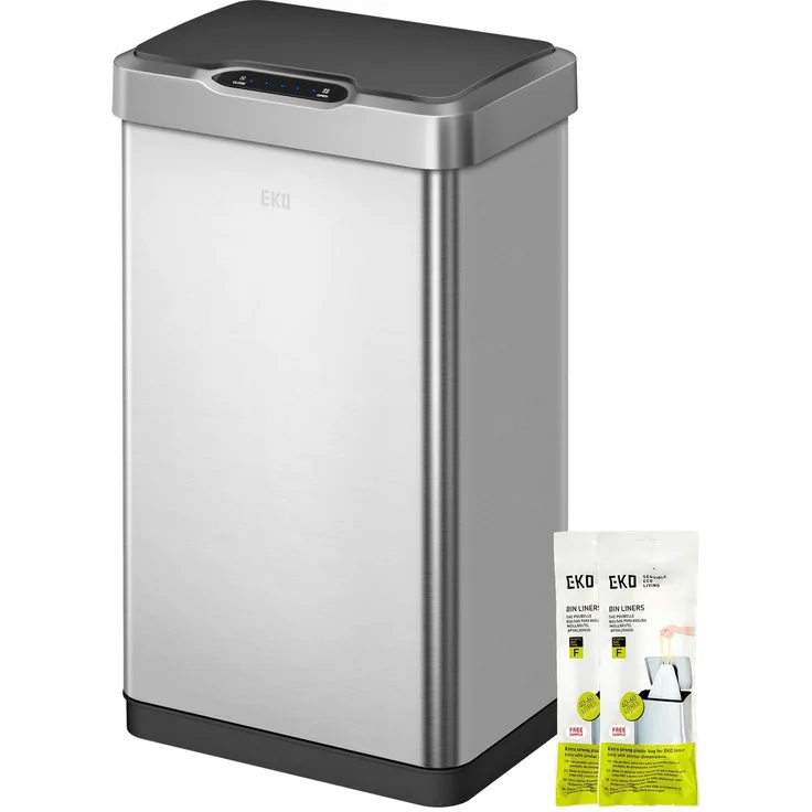 EKO Mirage-T 50L Mülleimer mit Sensor, Automatischer Abfalleimer für die Küche, Rechteckiger Bewegungssensor Mülleimer, Sanft Schließend mit Deckel, Fingerabdruckresistente, Gebürsteter Edelstahl